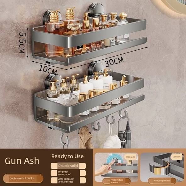 Çift Vantuzlu Banyo Rafı - Kancalı - 30 cm - Gri