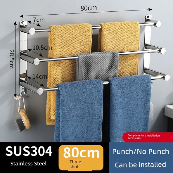 304 Paslanmaz Çelik Banyo Havluluk - Üç Çubuklu 80cm