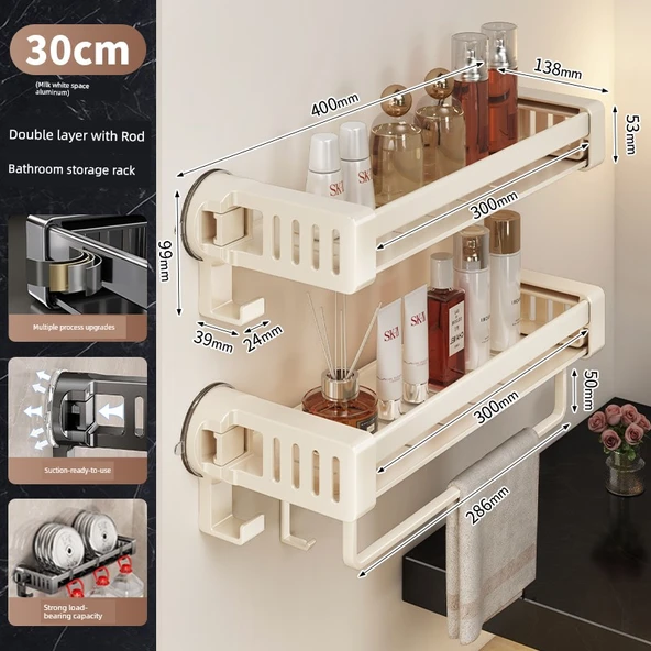 Vantuzlu Banyo Rafı - Çift Katlı 30cm Askılıklı 14 Kancalı