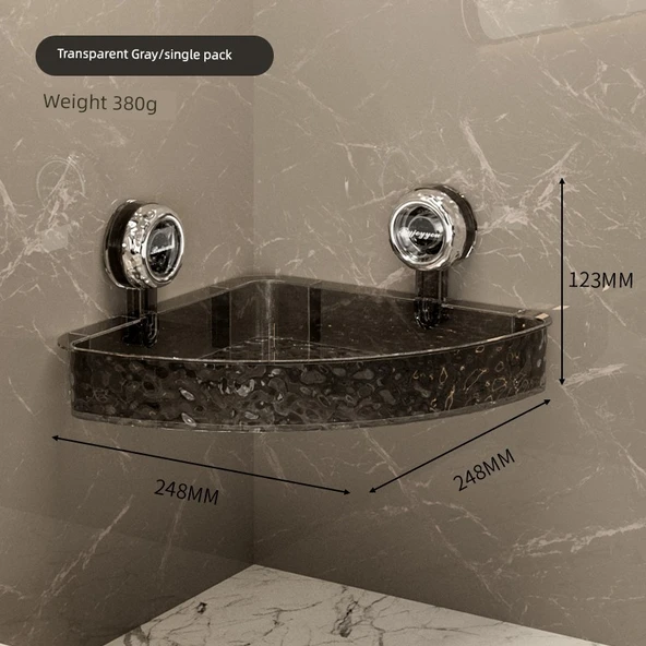 Vantuzlu Banyo Rafı - Şeffaf Gri Köşe