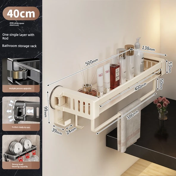 Vantuzlu Banyo Rafı - Tek Katlı 40cm Askılıklı 7 Kancalı