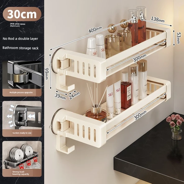 Vantuzlu Banyo Rafı - Çift Katlı 30cm 14 Kancalı Askısız