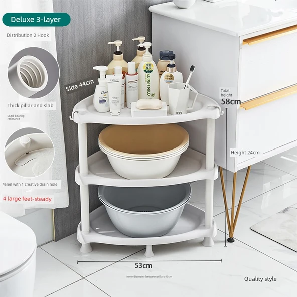Tekerlekli Banyo Köşe Rafı - Lüks Kaliteli Üçgen 3 Katlı