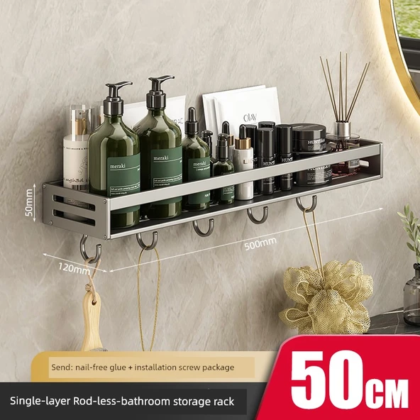 Deluxe Banyo Rafı - Kancalı - 50cm - Tek Katlı