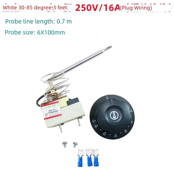 Elektrikli Izgara Termostatı 30-85 ℃ 250V 16A, 3 Pinli Fiş Kablo, Beyaz Zemin