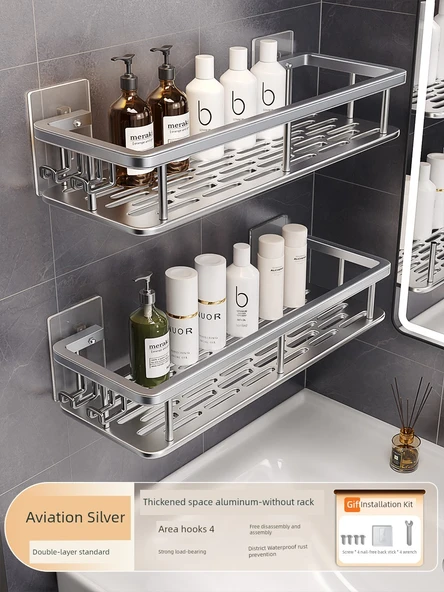 Çift Katmanlı Banyo Rafı - Havacılık Gümüşü (4 Kancalı)