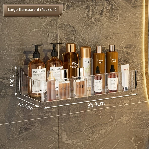 Duvara Monte Banyo Rafı - Kalın Uzatılmış Geniş Şeffaf 2'li Paket