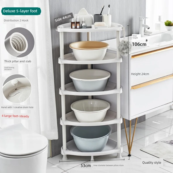 Tekerlekli Banyo Köşe Rafı - Lüks Kaliteli Üçgen 5 Katlı