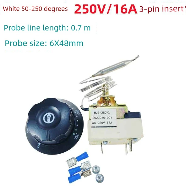 Elektrikli Izgara Termostatı 50-250 ℃ 250V 16A, 3 Pinli Fiş Kablo, Beyaz Zemin