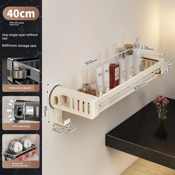 Vantuzlu Banyo Rafı - Tek Katlı 40cm 7 Kancalı Askısız