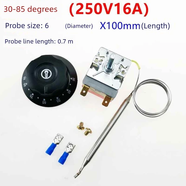 Elektrikli Izgara Termostatı 30-85 ℃ 250V 16A, 2 Pinli Fiş Kablo, Kırmızı Alt