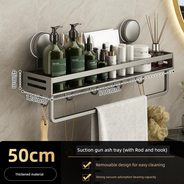 Vantuzlu Banyo Rafı - Çubuklu ve Kancalı - 50cm