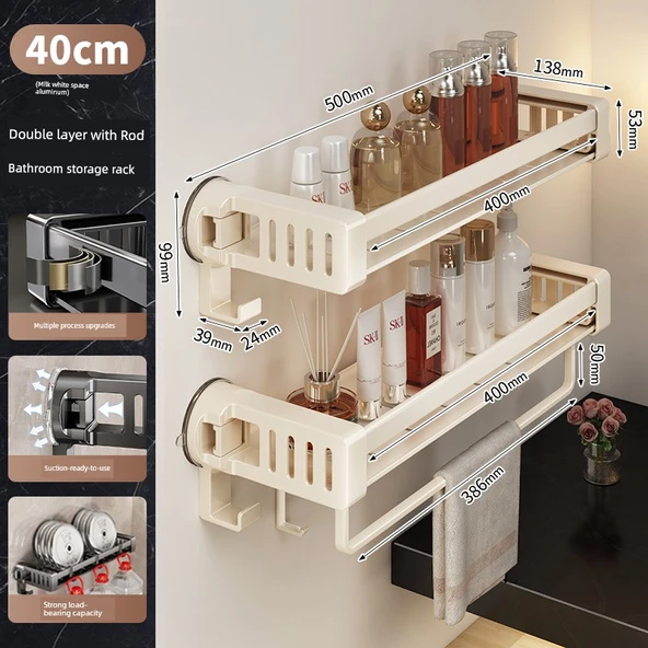 Vantuzlu Banyo Rafı - Çift Katlı 40cm Askılıklı 14 Kancalı