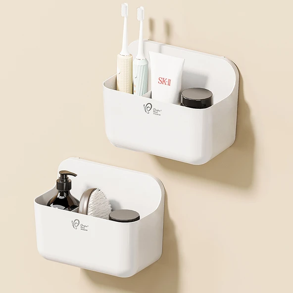 Plastik Banyo Rafı - Tuvalet Üstü Duvar Organizeri - Beyaz Çiftli (Model 1)