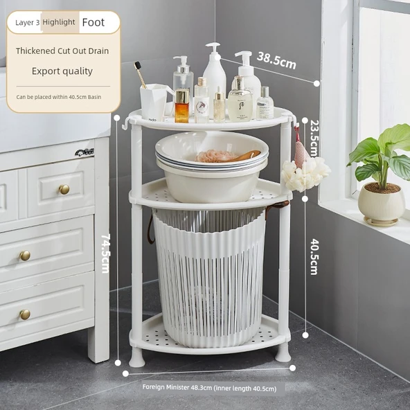Tekerlekli Banyo Köşe Rafı - Kaliteli Kesik Tripod Açık Gri Beyaz 3 Katlı Yükseklik