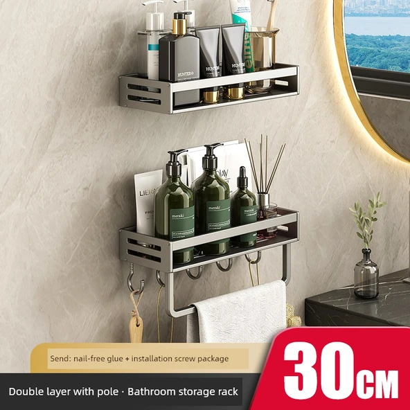 Deluxe Banyo Rafı - Çubuklu ve Kancalı - 30cm - Çift Katlı