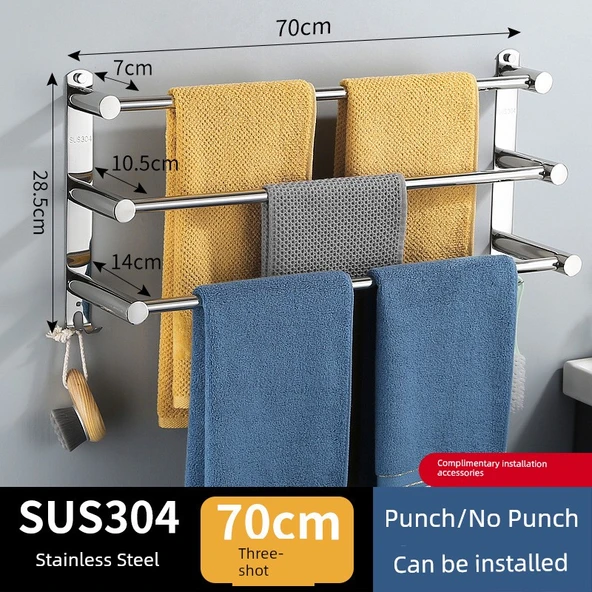 304 Paslanmaz Çelik Banyo Havluluk - Üç Çubuklu 70cm