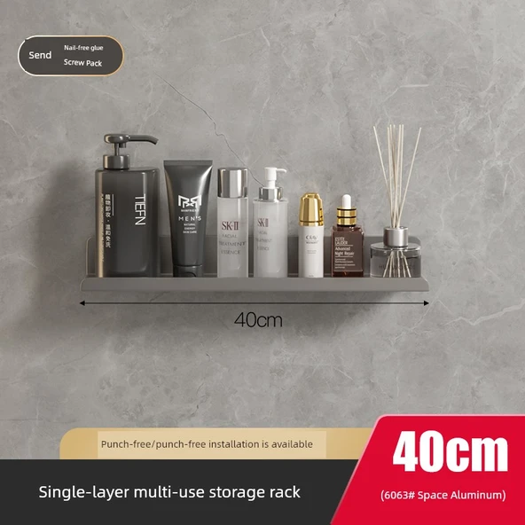 Deliksiz Banyo Tuvalet Rafı - Gri - Tek Katlı - 40cm