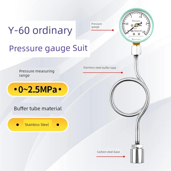 Y60 Su Basınç Ölçer 0-2.5MPa +180 Derece Paslanmaz Çelik Tampon Tüpü +4 Alt Taban