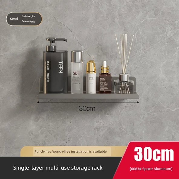 Deliksiz Banyo Tuvalet Rafı - Gri - Tek Katlı - 30cm