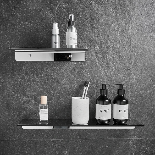 304 Paslanmaz Çelik Banyo Köşe Rafı - 40cm Kenar Desenli, Vidalı - 4