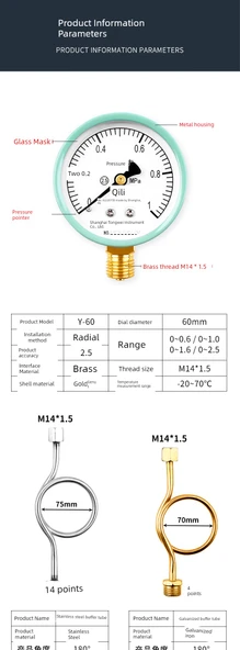 Y60 Su Basınç Ölçer 0-1.0MPa +180 Derece Paslanmaz Çelik Tampon Tüpü - 10