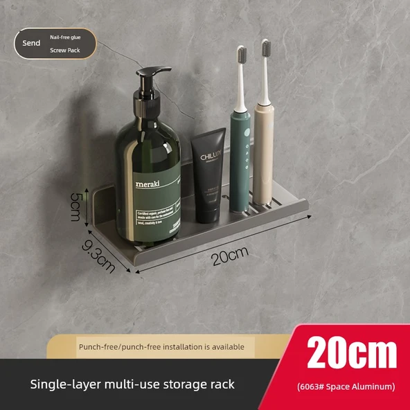 Deliksiz Banyo Tuvalet Rafı - Gri - Tek Katlı - 20cm