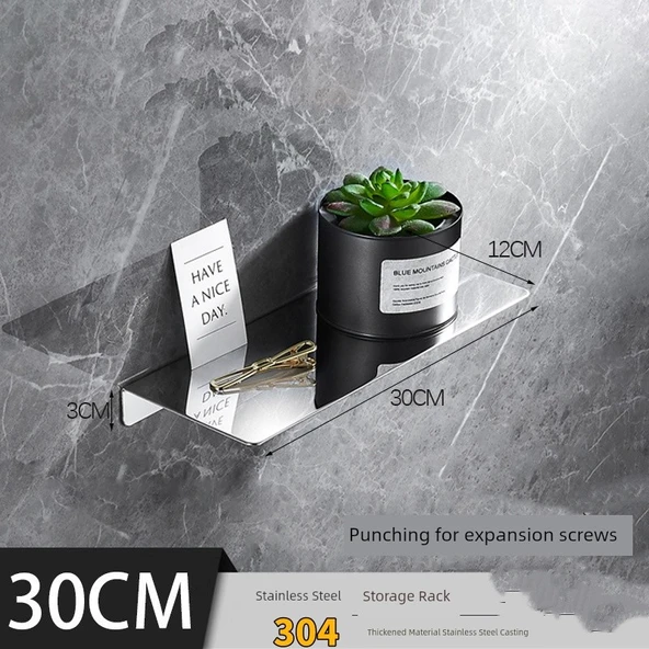 304 Paslanmaz Çelik Banyo Köşe Rafı - 30cm Düz (Parlak), Vidalı