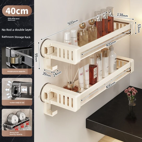 Vantuzlu Banyo Rafı - Süt Beyazı - 40cm - Çift Katlı - Askısız - 14 Kancalı