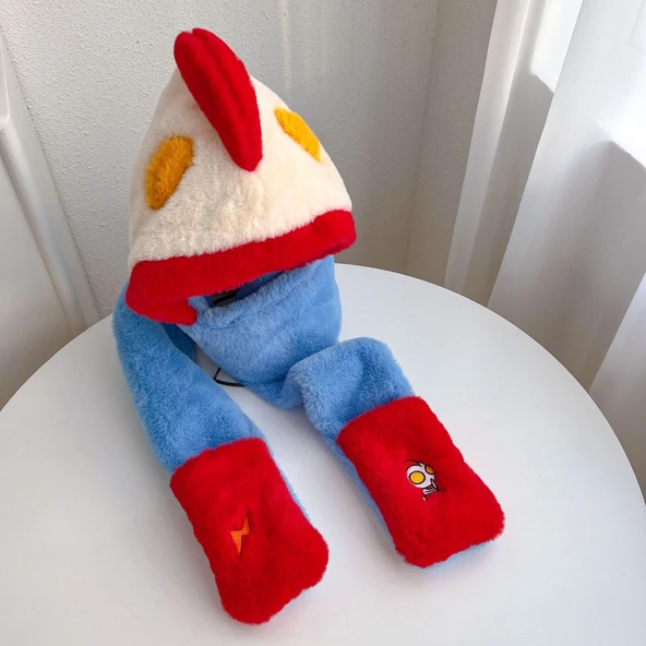 Çocuk Kışlık Şapka Atkı Eldiven Seti - Ultraman Mavi - 3 Parça