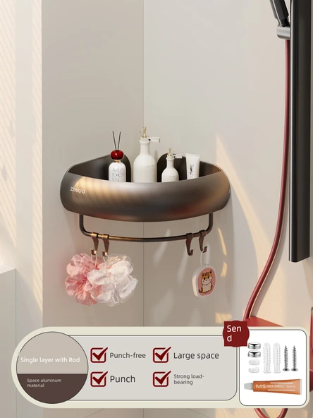 Deliksiz Banyo Köşe Rafı - Tek Katlı, Askılı, Kancalı, Üçgen Sepet