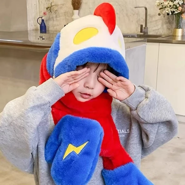 Çocuk Kışlık Şapka Atkı Eldiven Seti - Ultraman Mavi - 3 Parça Eldivenli