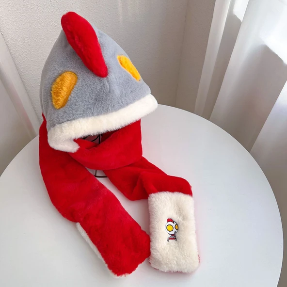 Çocuk Kışlık Şapka Atkı Eldiven Seti - Ultraman Kırmızı - 3 Parça