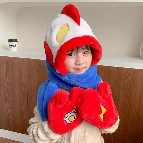 Çocuk Kışlık Şapka Atkı Eldiven Seti - Ultraman Kırmızı - 3 Parça Eldivenli