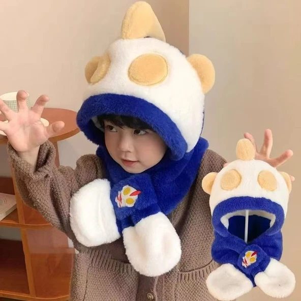Çocuk Kışlık Şapka Atkı Eldiven Seti - Ultraman Mavi - 2 Parça