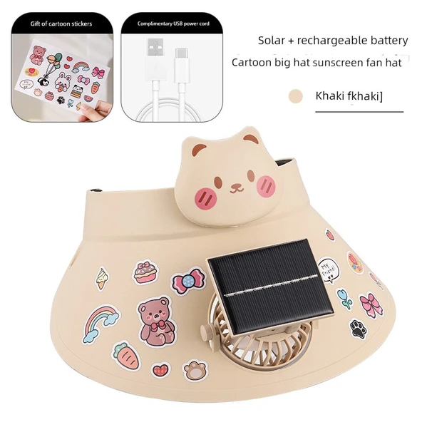 Çocuk Güneş Enerjili Şapka - Haki Yavru Kedi 500mAh Solar + Şarjlı