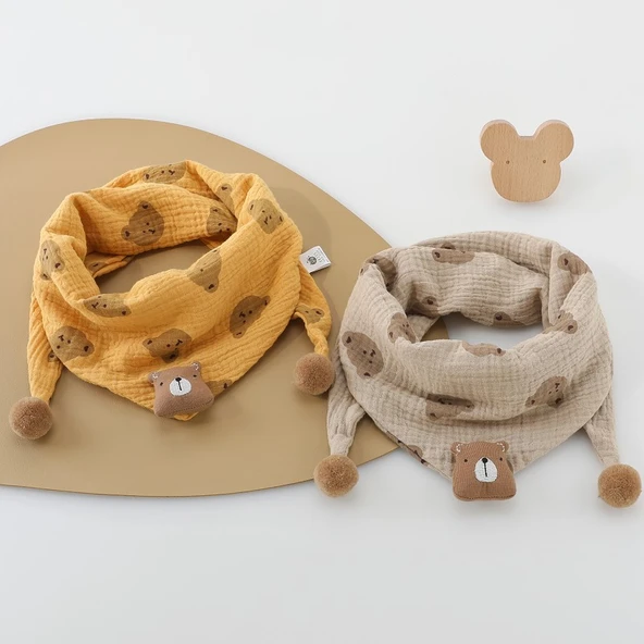 Ayıcık Desenli Pamuklu Bebek Boyunluk - PT Gri Fırlatma Ayı Sarı - Resim 4