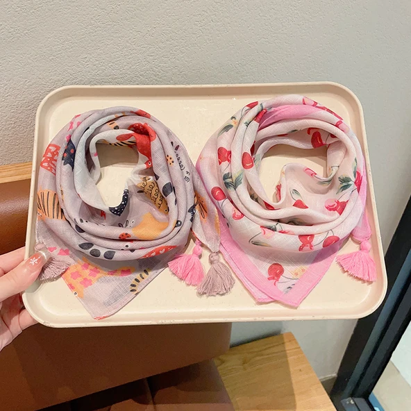 Çocuk Üçgen Fular - Pembe Kiraz + Pembe Kedi - 4 Ay - 12 Yaş