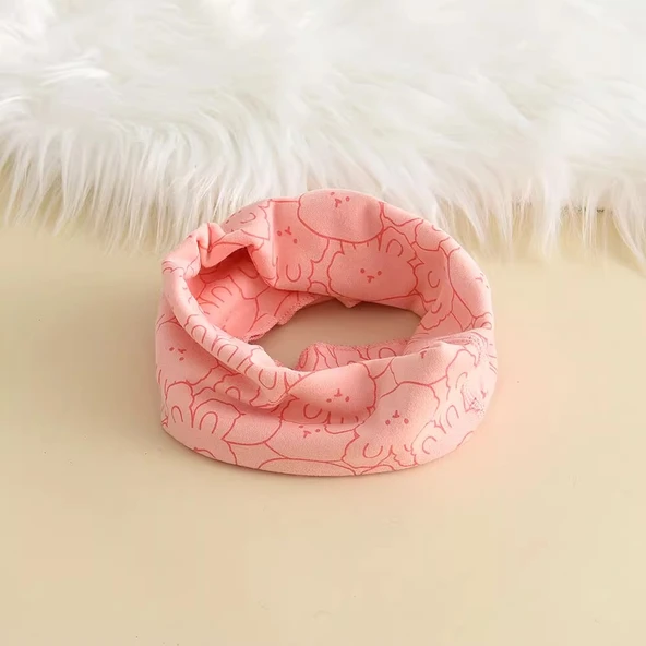 Çocuk Boyunluk Şapka - Pembe Tavşan Desenli - 0-10 Yaş