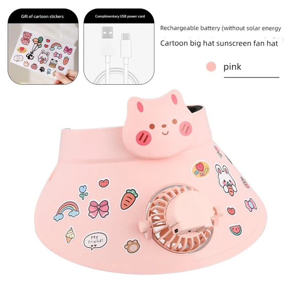 Çocuk Güneş Enerjili Şapka - Pembe Tavşan 500mAh Şarjlı