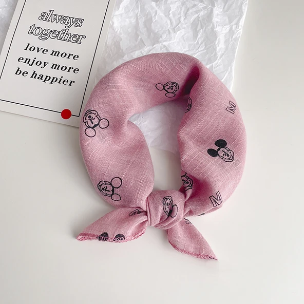 Bebek Üçgen Başörtüsü - Mickey Desenli Pembe - 0-6 Yaş