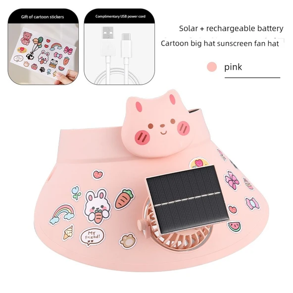 Çocuk Güneş Enerjili Fanlı Şapka - Pembe Tavşan Solar + Şarjlı 500mAh