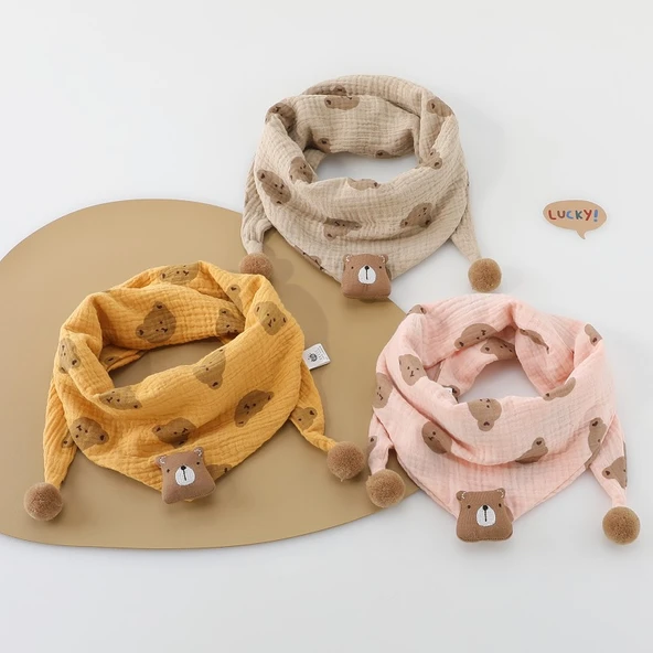 Ayıcık Desenli Pamuklu Bebek Boyunluk - PT Gri Fırlatma Ayı Sarı - Resim 3