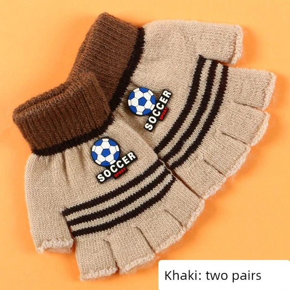 Çocuk Yarım Parmak Kışlık Eldiven - Haki 2'li Paket (3-8 Yaş)