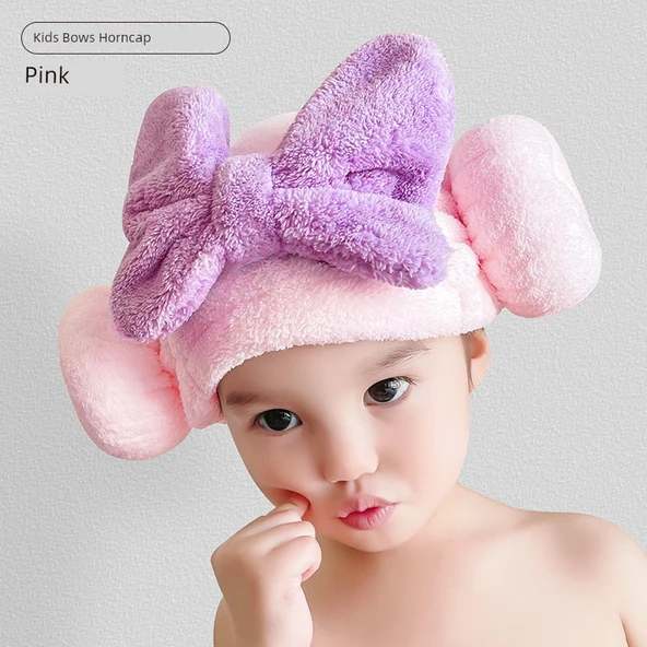 Bebek Saç Kurutma Bonesi - Mercan Polar - Pembe Fiyonklu (Genç)