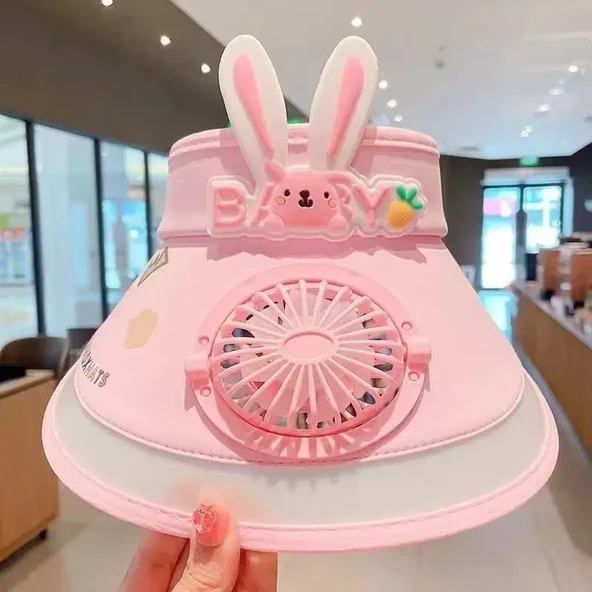 Çocuk Yazlık Güneş Koruma Şapkası - Buz İpek Tavşan Pembe Fanlı