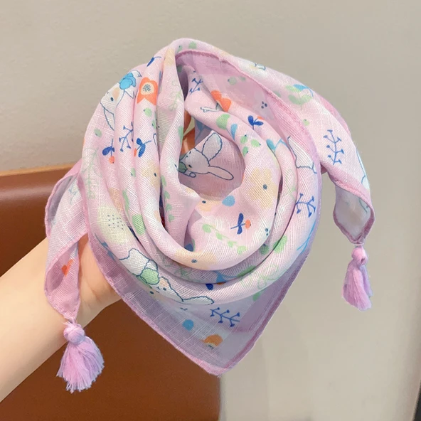 Çocuk Triko Eşarp - Mor Tavşan Desenli - 73.5cm