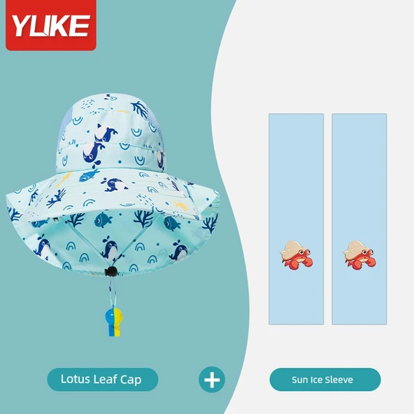Çocuk UV Korumalı Yazlık Plaj Şapkası - Mavi Desen (Model 2)