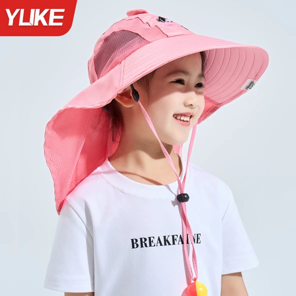 Çocuk UV Korumalı Yazlık Plaj Şapkası - Düz Pembe