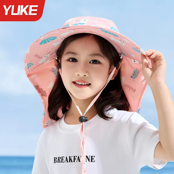 Çocuk UV Korumalı Yazlık Plaj Şapkası - Pembe Desen (Model 1)